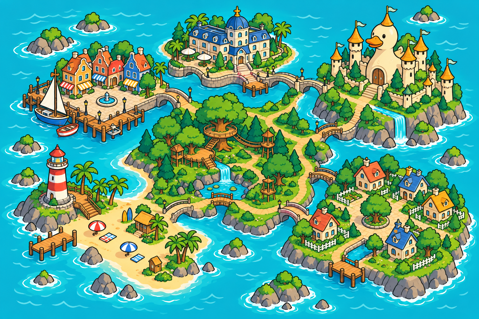 Getekende wereldkaart van KwaakFu met een haven, hotel, bos, strand, kasteel en woonbuurt